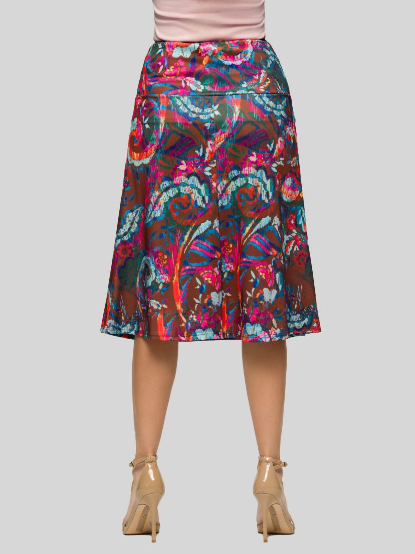 Womens Brown Paisley Print Comfortable Elastic Waist Knee Length Skirt