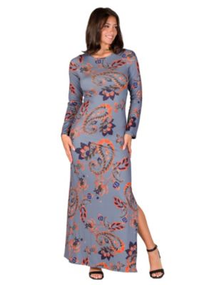 24seven Comfort Apparel Womens Grey Long Sleeve Side Slit Fitted Maxi Dress