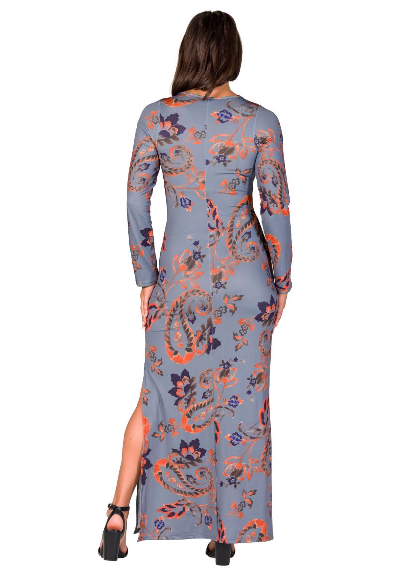 Womens Grey Long Sleeve Side Slit Fitted Maxi Dress