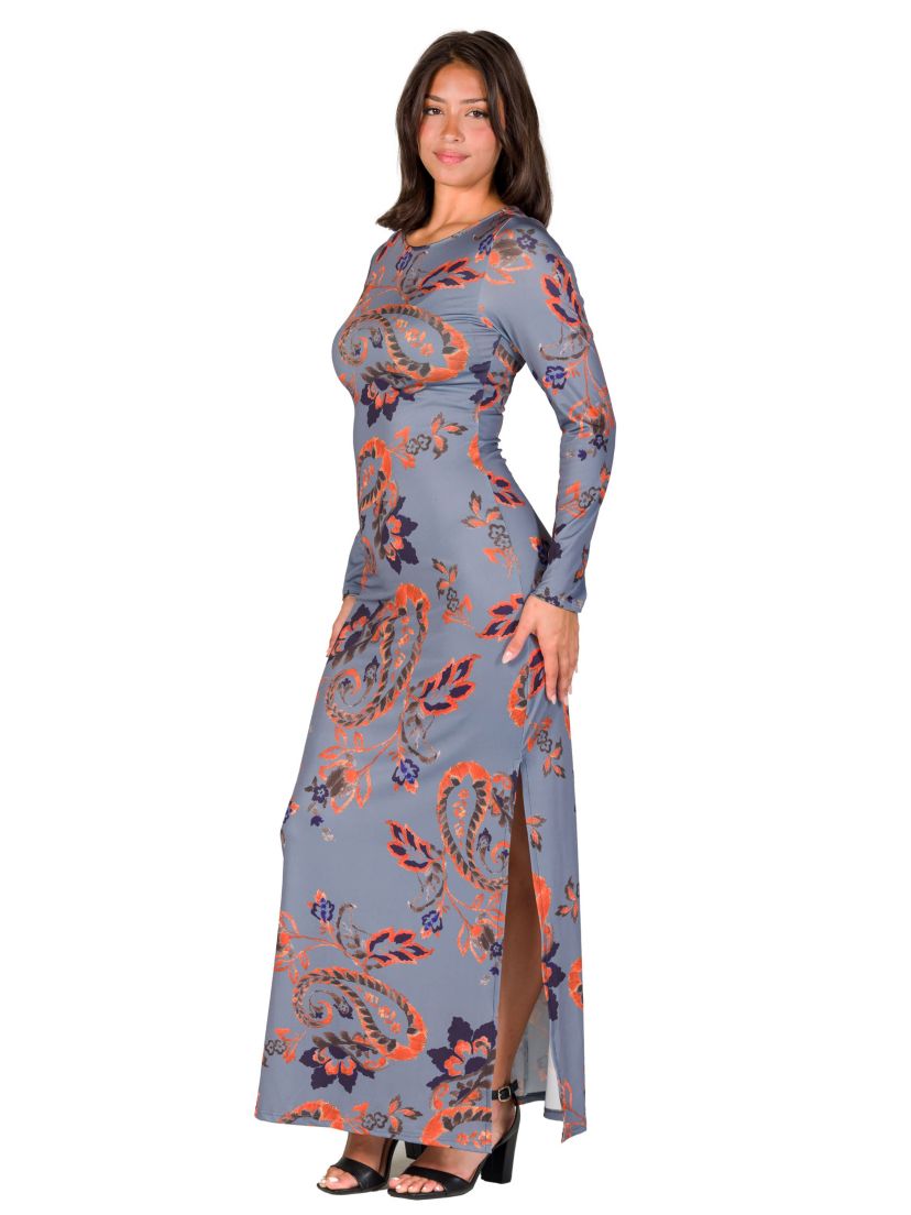 Womens Grey Long Sleeve Side Slit Fitted Maxi Dress
