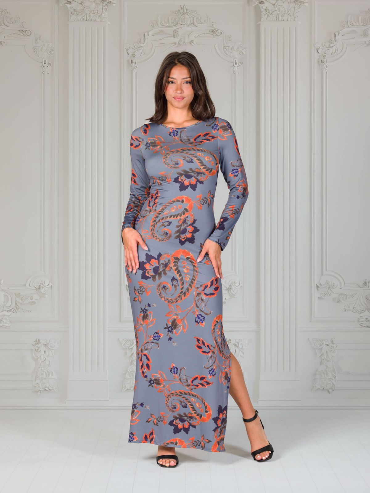 Womens Grey Long Sleeve Side Slit Fitted Maxi Dress