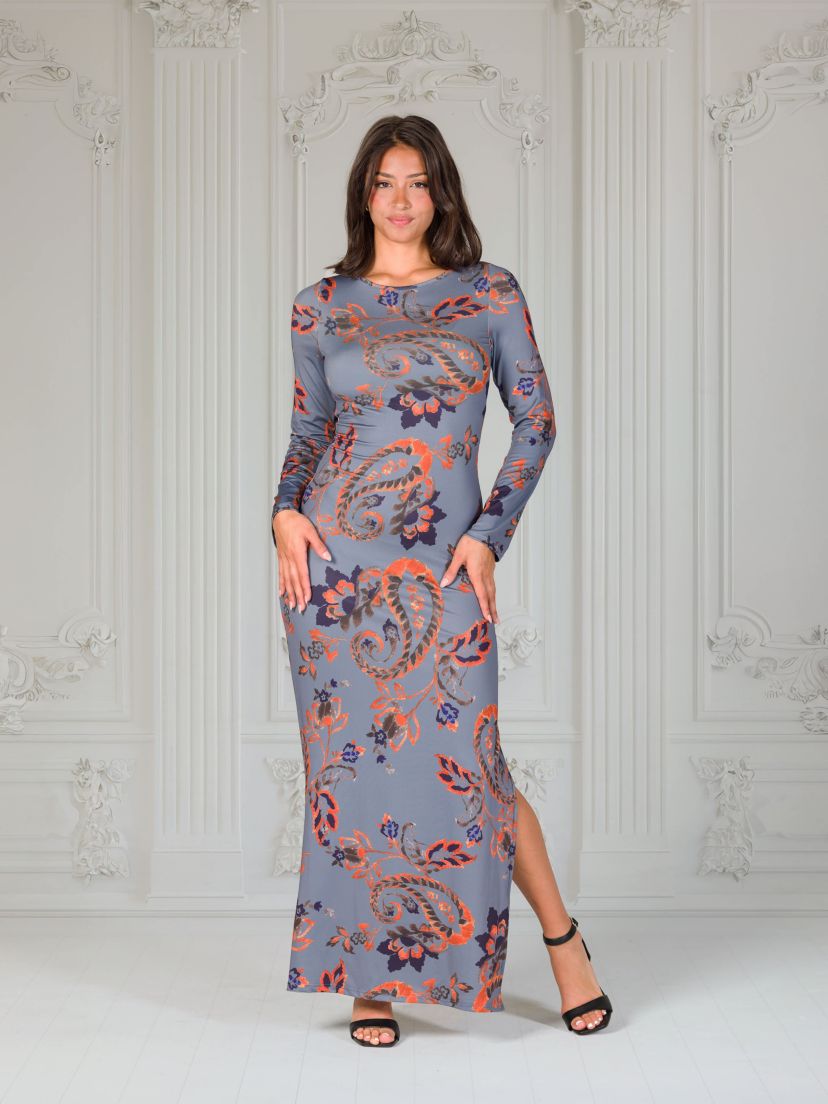 Womens Grey Long Sleeve Side Slit Fitted Maxi Dress