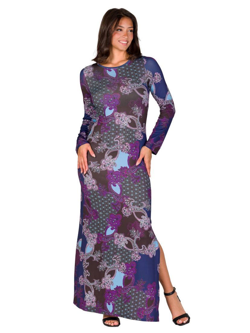 Womens Purple Paisley Long Sleeve Side Slit Fitted Maxi Dress
