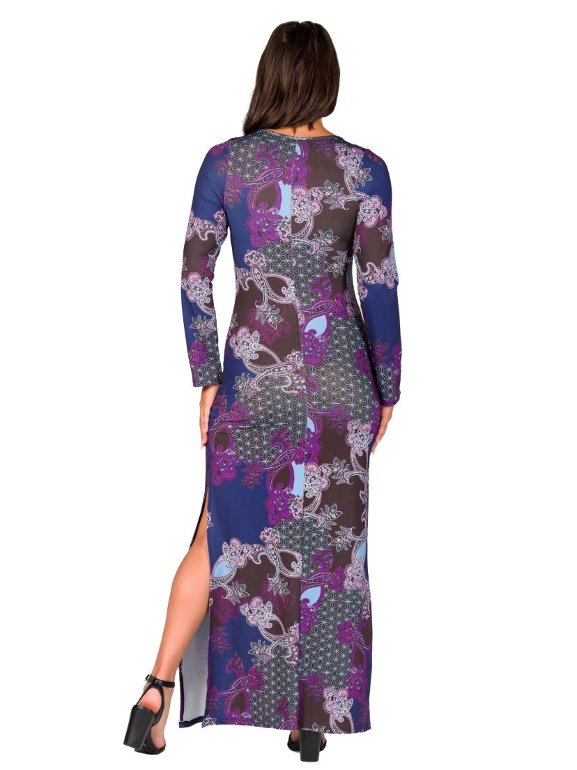 Womens Purple Paisley Long Sleeve Side Slit Fitted Maxi Dress