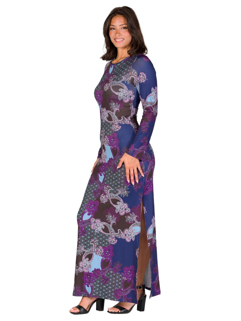 Womens Purple Paisley Long Sleeve Side Slit Fitted Maxi Dress