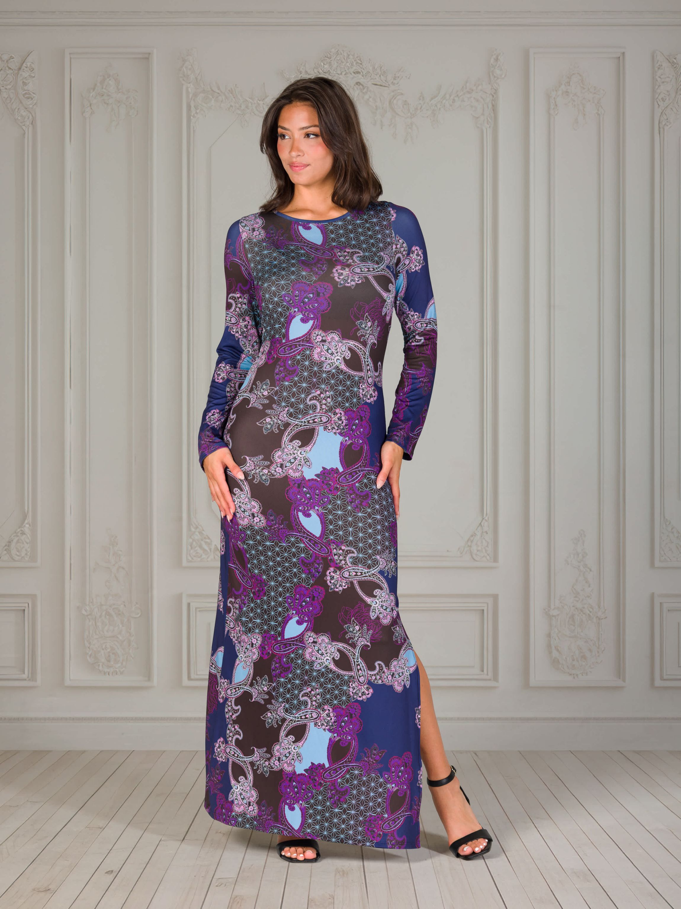 24seven Comfort Apparel Purple Paisley Long Sleeve Side Slit Fitted Maxi Dress-R0066008PMB-S