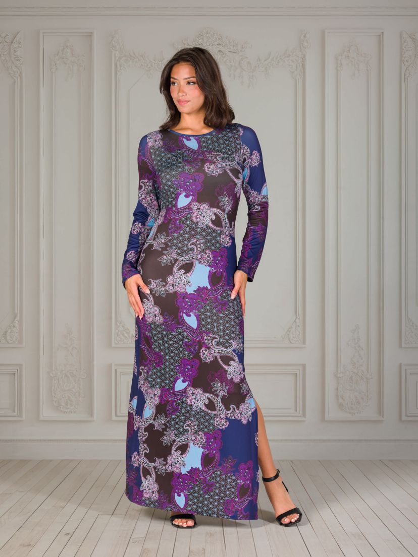 Womens Purple Paisley Long Sleeve Side Slit Fitted Maxi Dress