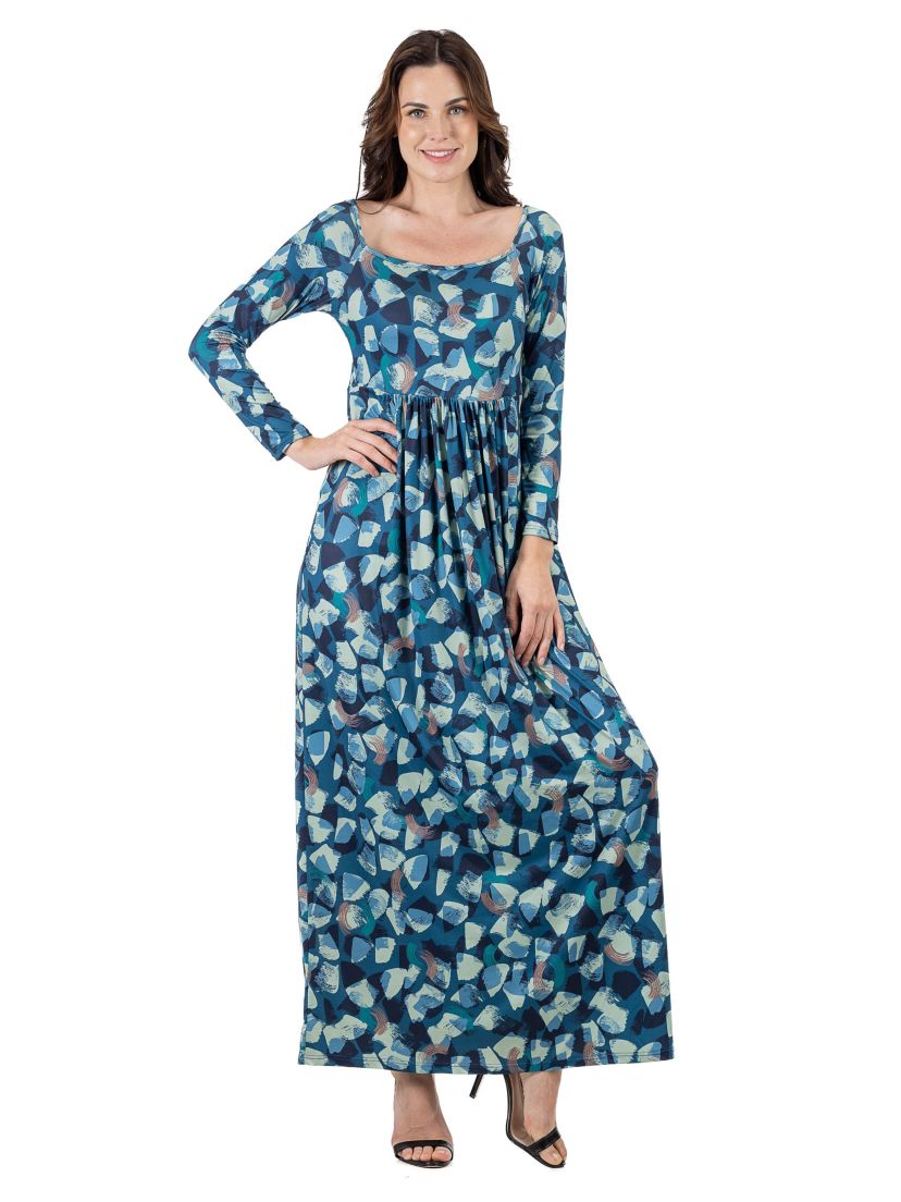 Abstract Long Sleeve Pleated Maxi Dress
