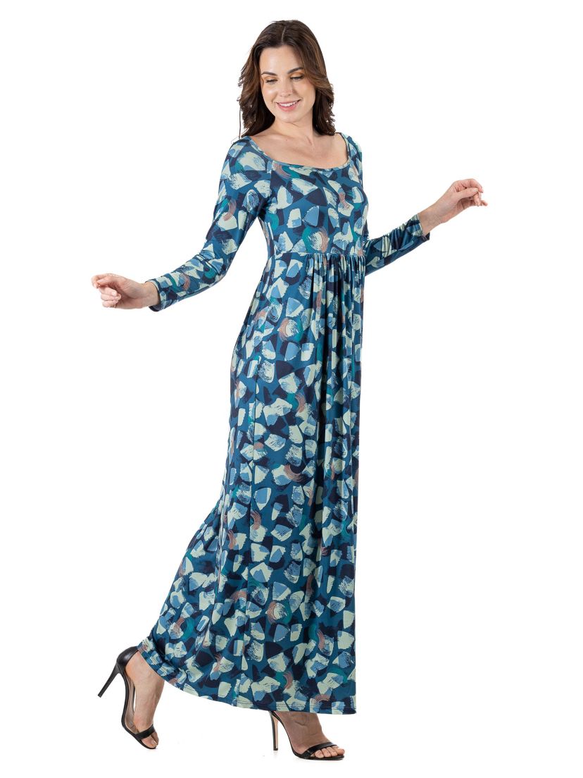 Abstract Long Sleeve Pleated Maxi Dress