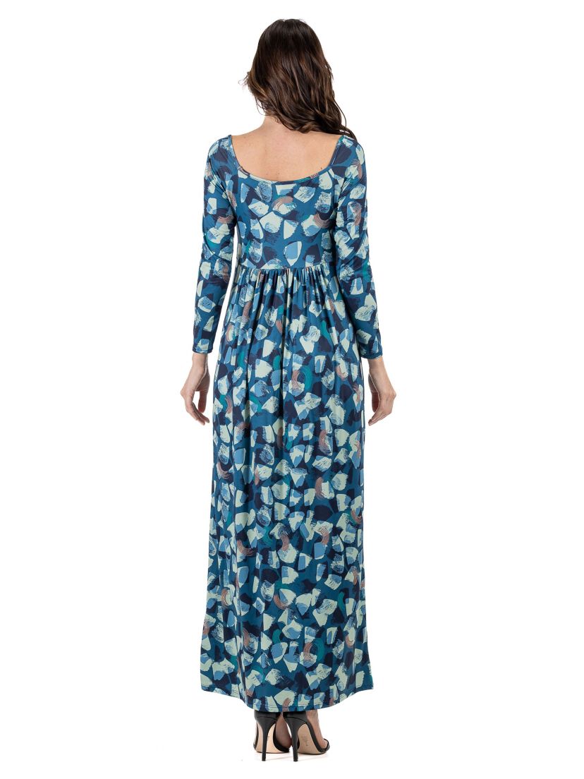 Abstract Long Sleeve Pleated Maxi Dress