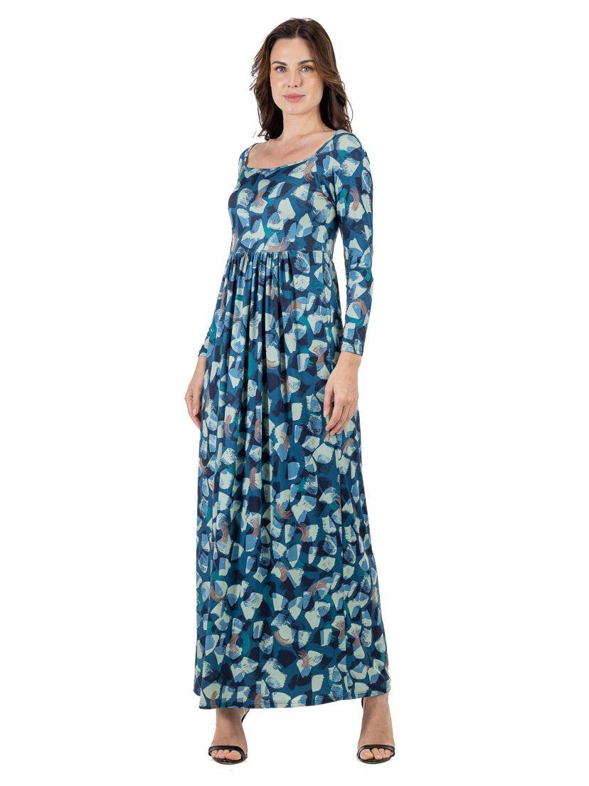 Abstract Long Sleeve Pleated Maxi Dress