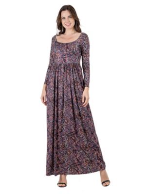 24seven Comfort Apparel Women's Fall Floral Long Sleeve Pleated Maxi Dress