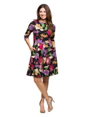 24seven Comfort Apparel Womens Black Multicolor Floral Fit and Flare Pocket Knee Length Dress