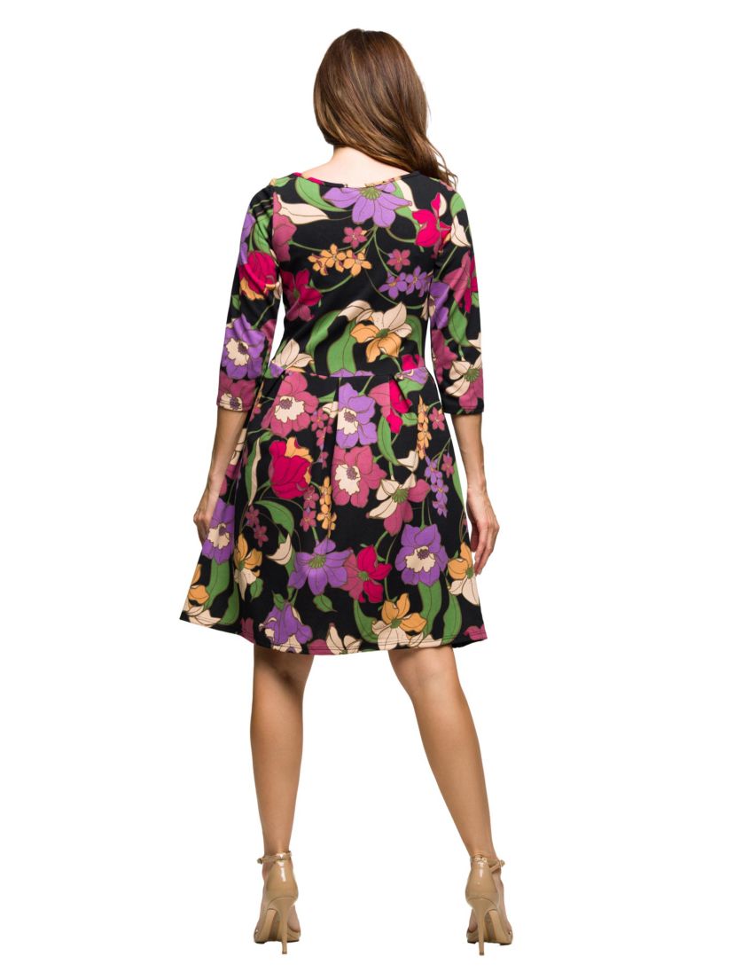 Womens Black Multicolor Floral Fit and Flare Pocket Knee Length Dress