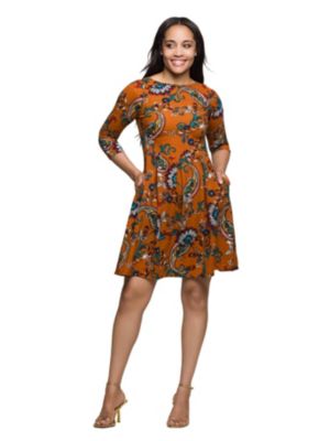 24seven Comfort Apparel Womens Rust Paisley Print Fit Flare Knee Length Dress
