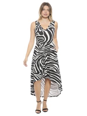 24seven Comfort Apparel Womens Zebra Sleeveless Fit N Flare High Low Pocket Midi Dress