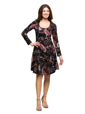 24seven Comfort Apparel Womens Black Paisley Print Long Sleeve Fit and Flare Dress
