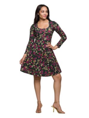 24seven Comfort Apparel Womens Floral Print Long Sleeve Fit and Flare Mini Dress