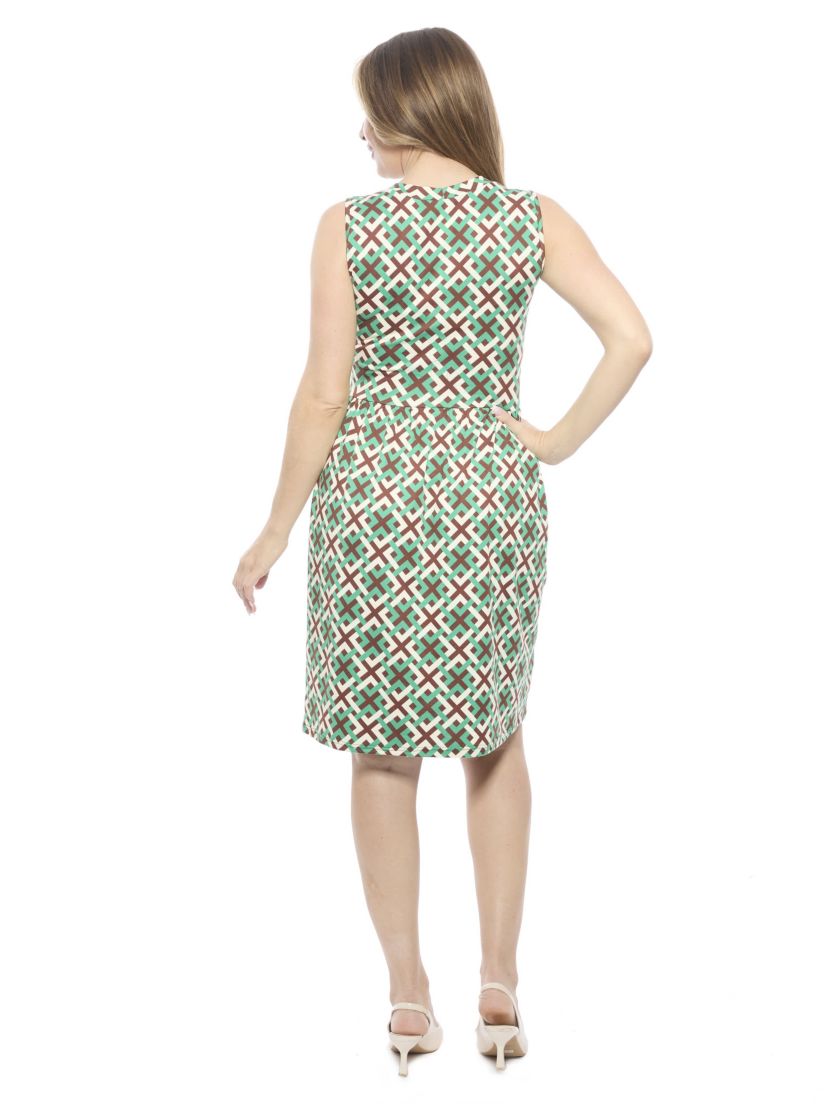 24seven Comfort Apparel Womens Geometric Sleeveless Fit N Flare Knee Length A Line Dress, Green, XL
