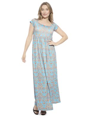 24seven Comfort Apparel Womens Abstract Square Neck Cap Sleeve Pleated A Line Maxi Dress