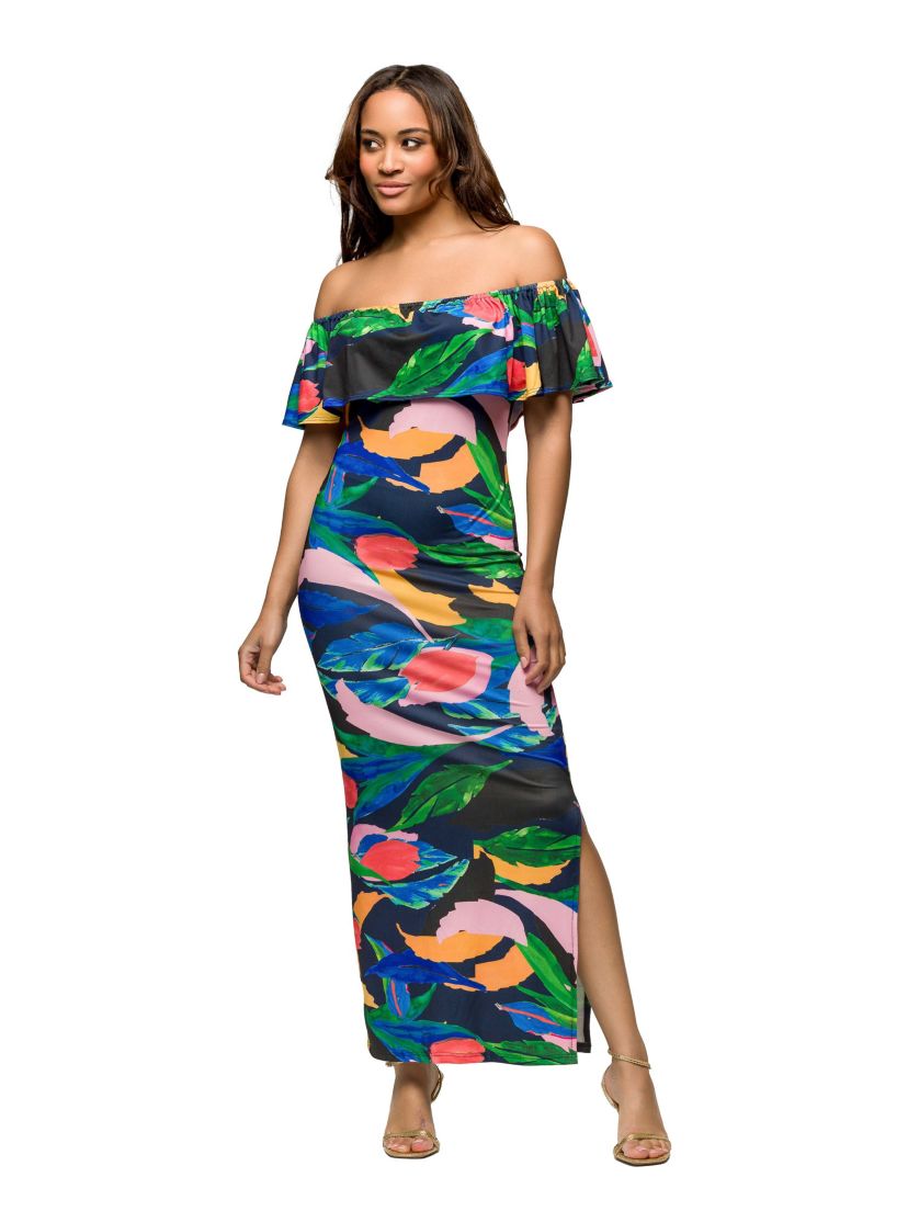 Womens Off Shoulder Multicolor Print Side Slit Maxi Dress