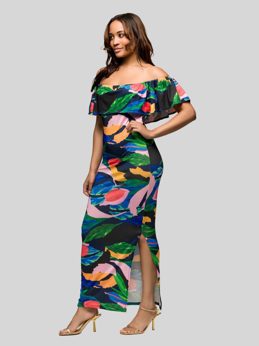 Womens Off Shoulder Multicolor Print Side Slit Maxi Dress