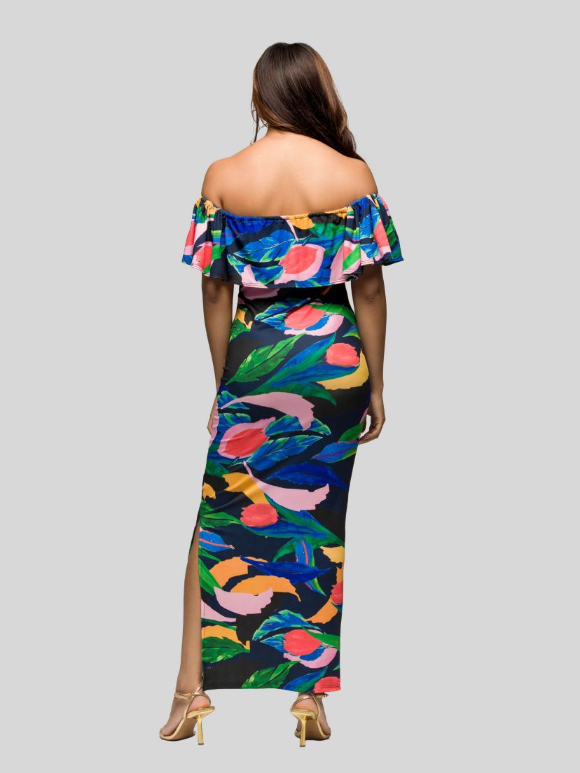 Womens Off Shoulder Multicolor Print Side Slit Maxi Dress