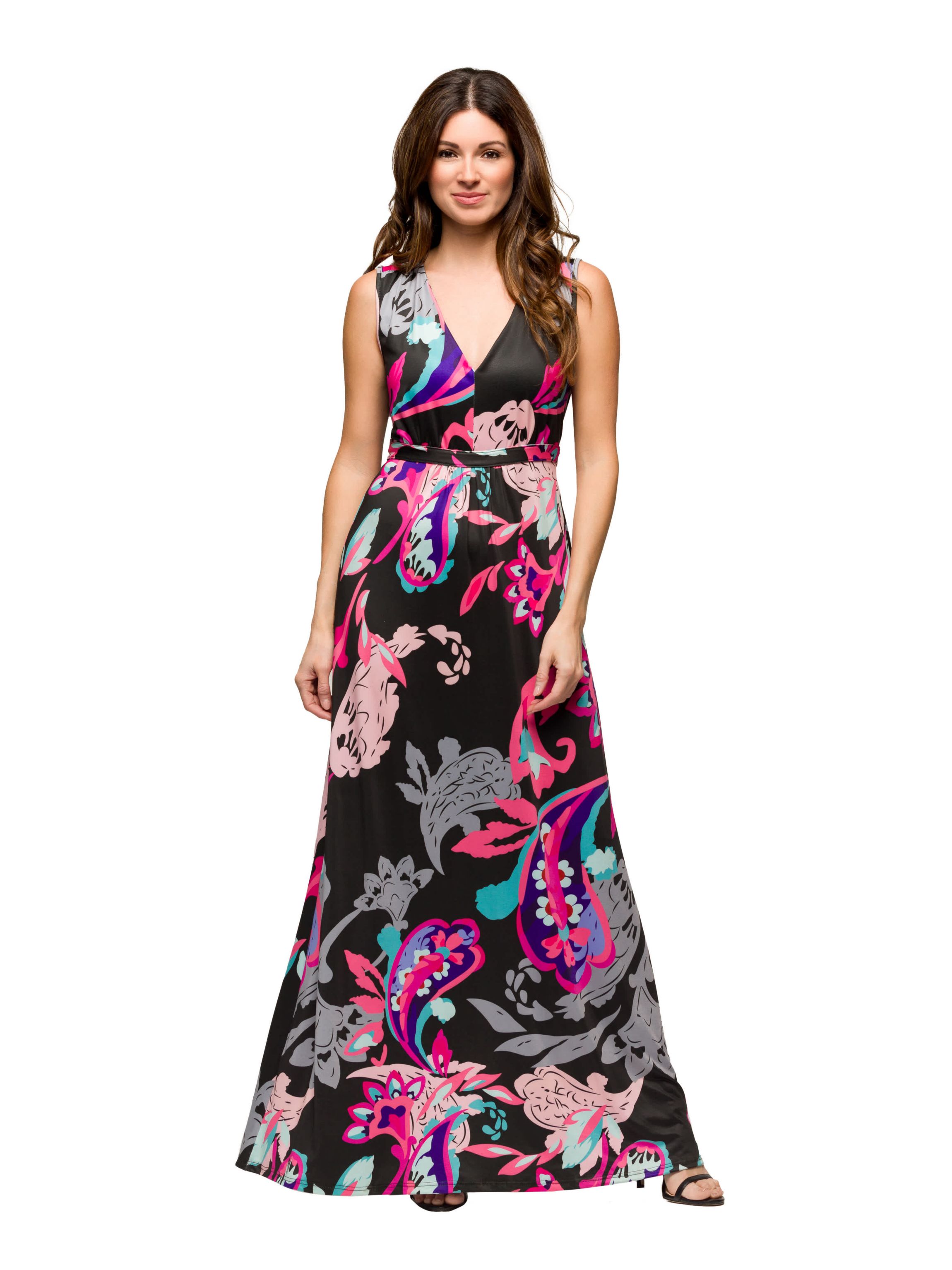 Womens Black and Pink Print V Neck Empire Waist Sleeveless Maxi Dress