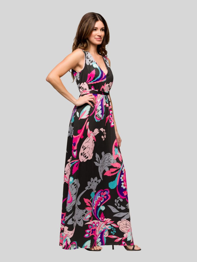Womens Black and Pink Print V Neck Empire Waist Sleeveless Maxi Dress