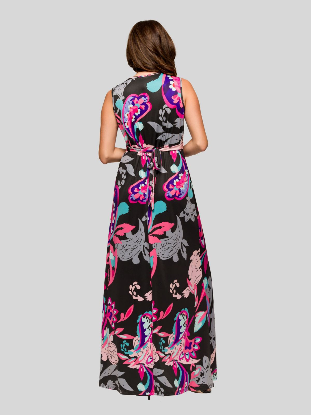 Womens Black and Pink Print V Neck Empire Waist Sleeveless Maxi Dress
