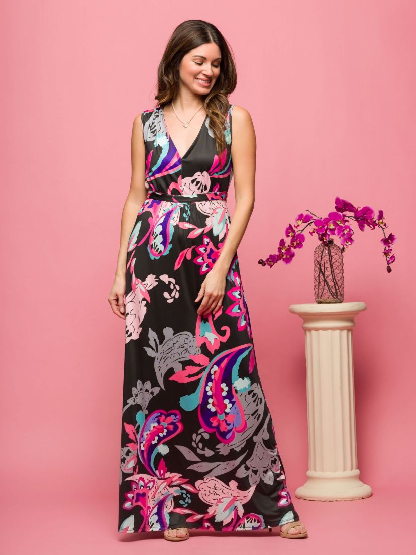 Womens Black and Pink Print V Neck Empire Waist Sleeveless Maxi Dress