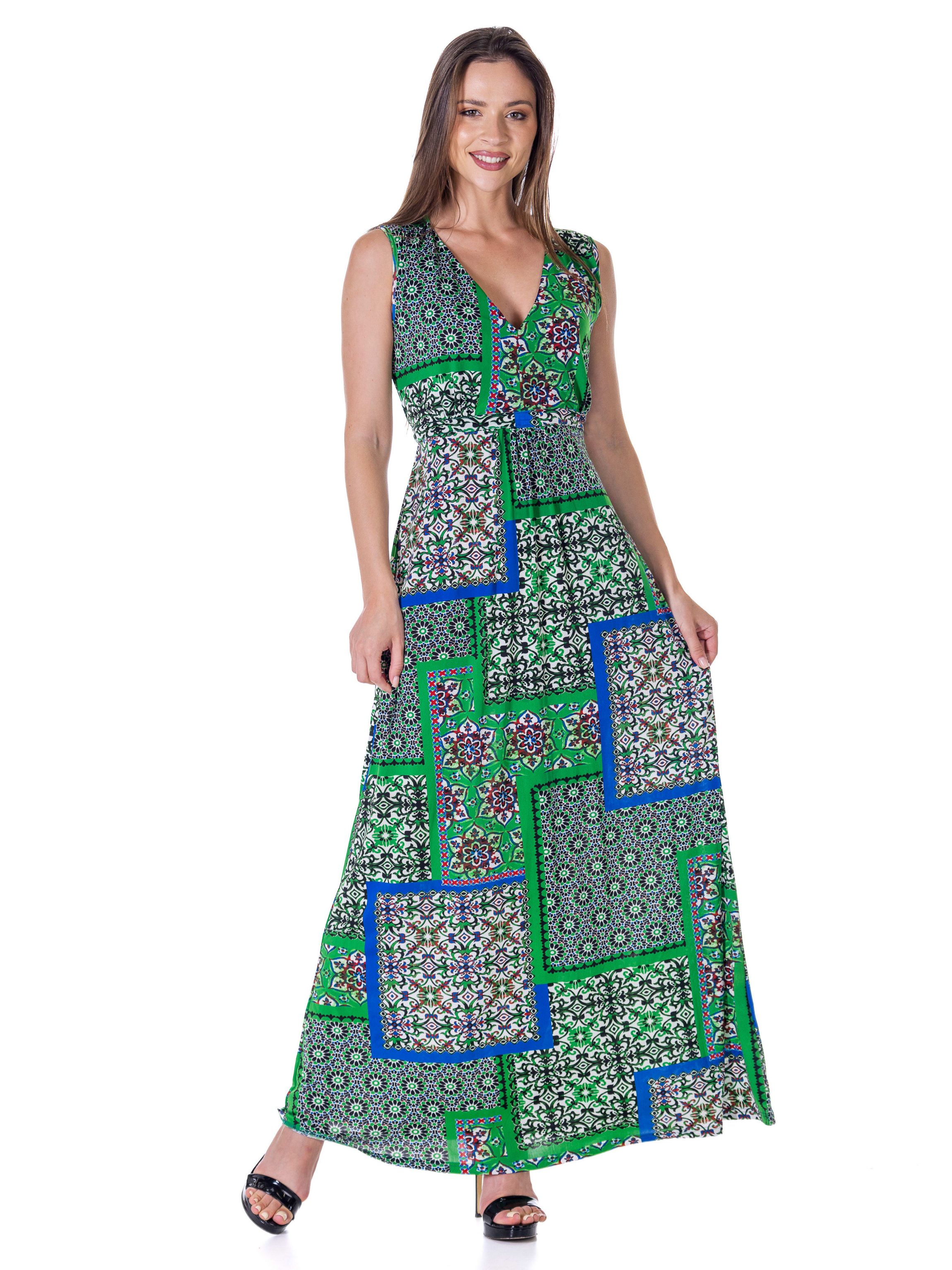 24seven Comfort Apparel Womens Green Scarf Print V Neck Empire Waist Sleeveless Maxi Dress, Medium