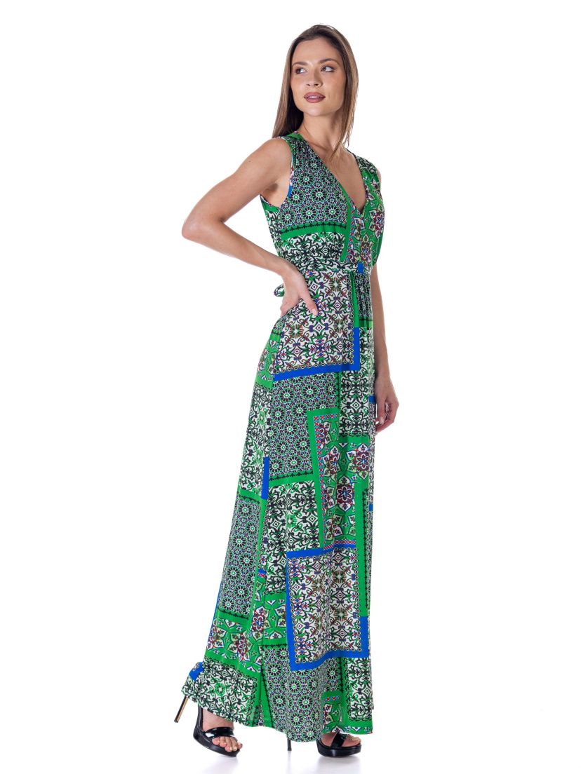 Womens Green Scarf Print V Neck Empire Waist Sleeveless Maxi Dress