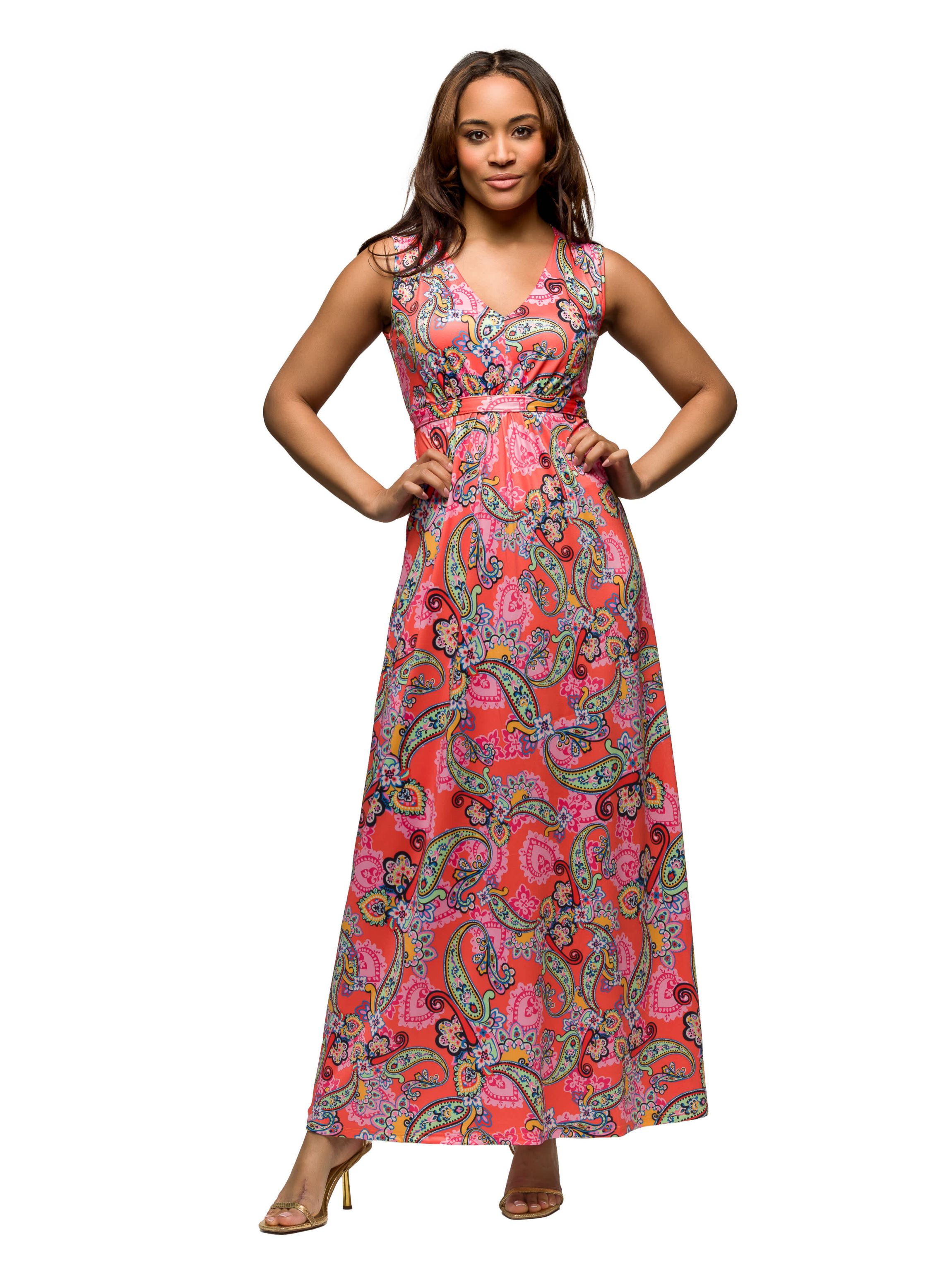 Womens Pink Paisley Print V Neck Empire Waist Sleeveless Maxi Dress