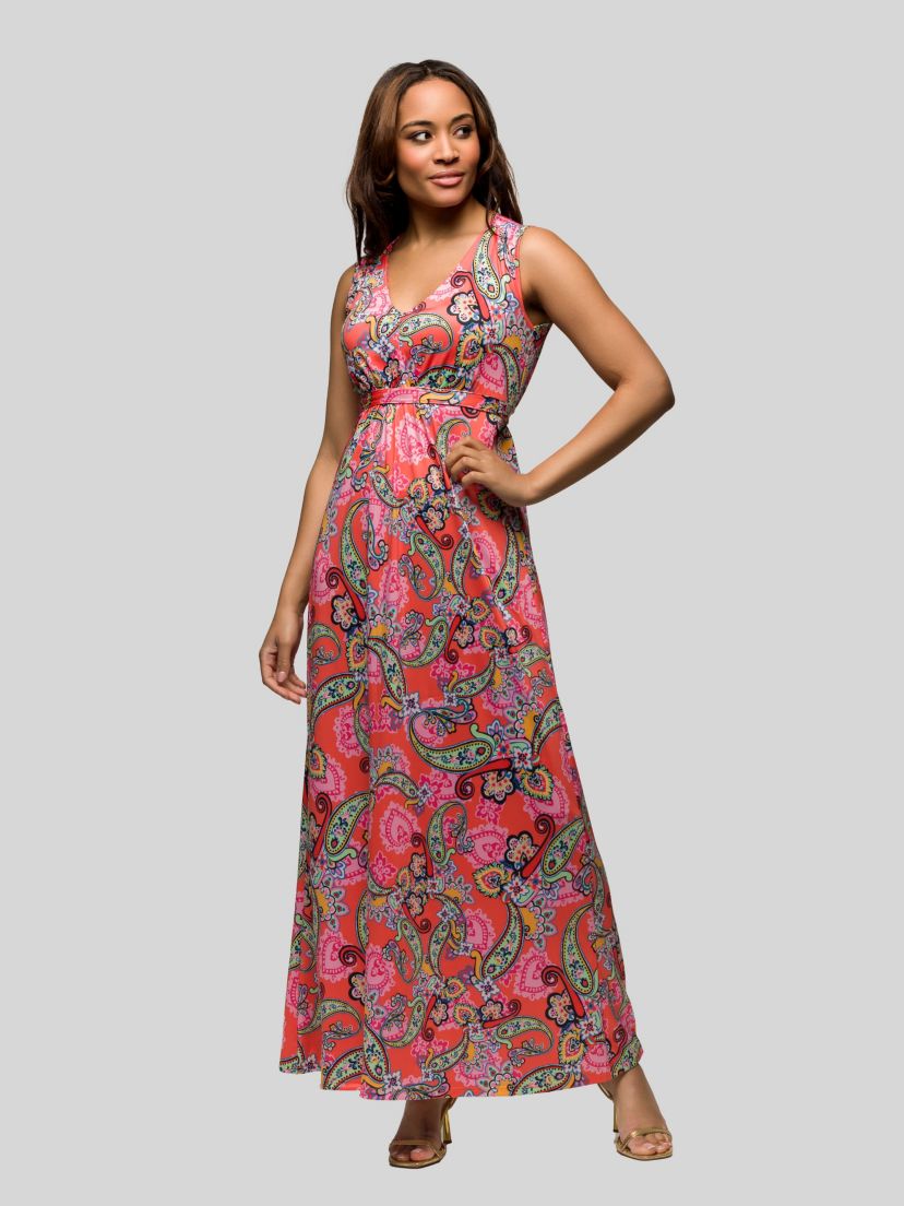 Womens Pink Paisley Print V Neck Empire Waist Sleeveless Maxi Dress