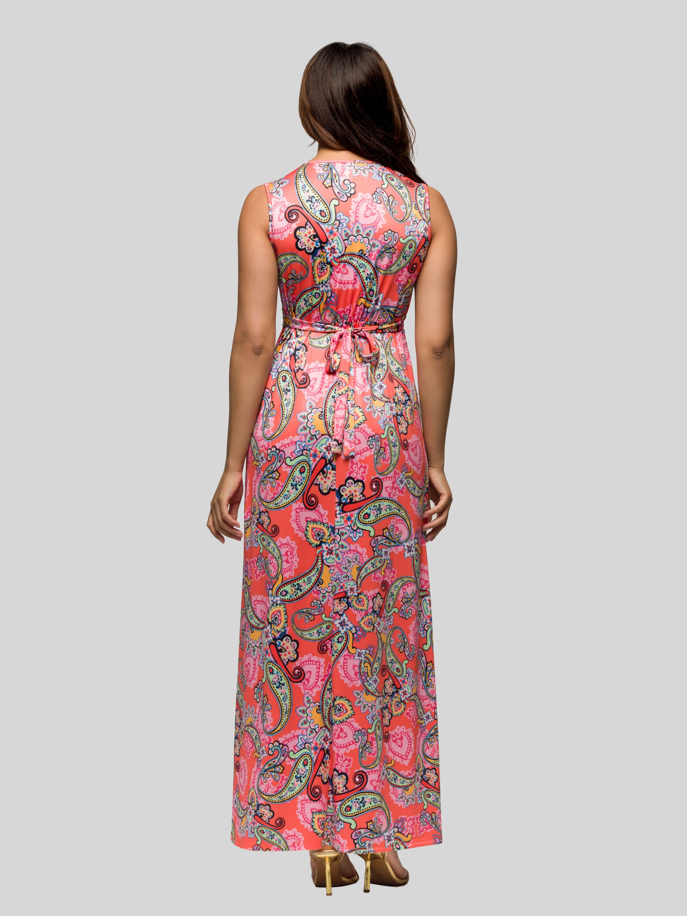 Womens Pink Paisley Print V Neck Empire Waist Sleeveless Maxi Dress