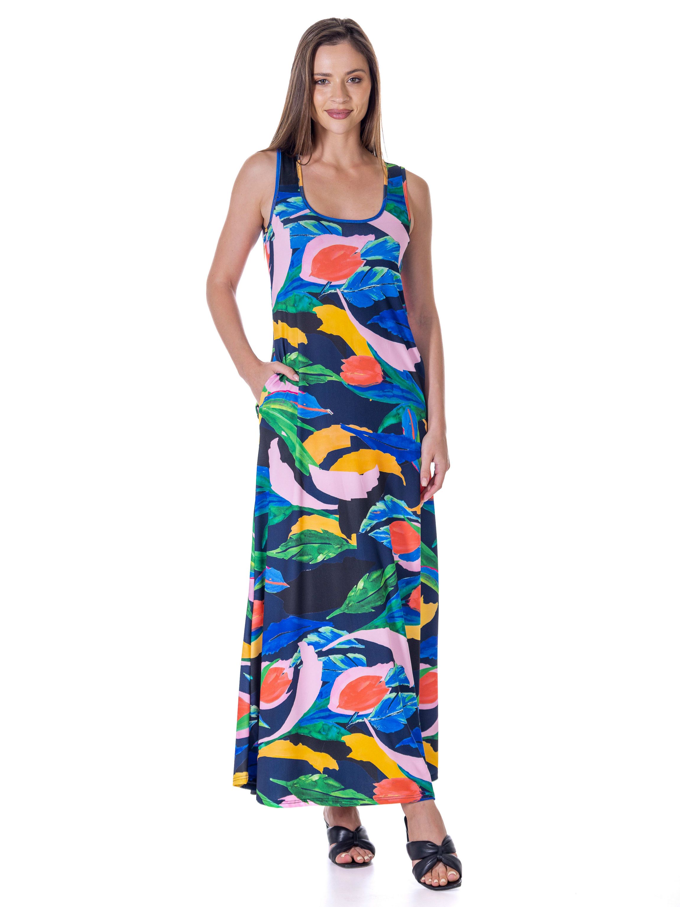 Womens Teal Floral Print Sleeveless Casual Maxi Dress With Pockets