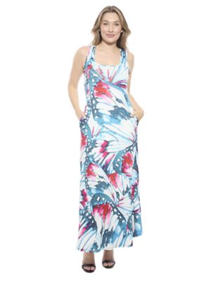 24seven Comfort Apparel Womens Butterfly Sleeveless Scoop Neck A Line Pocket Maxi Dress