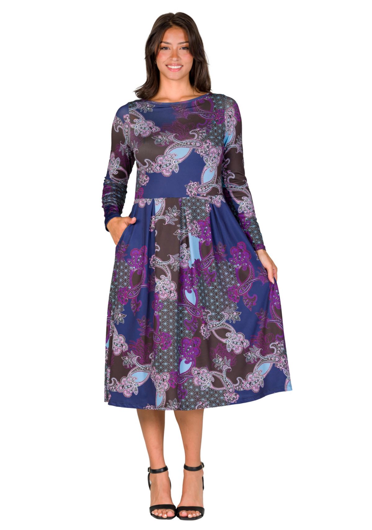 Womens Purple Paisley Midi Length Long Sleeve Pocket Dress