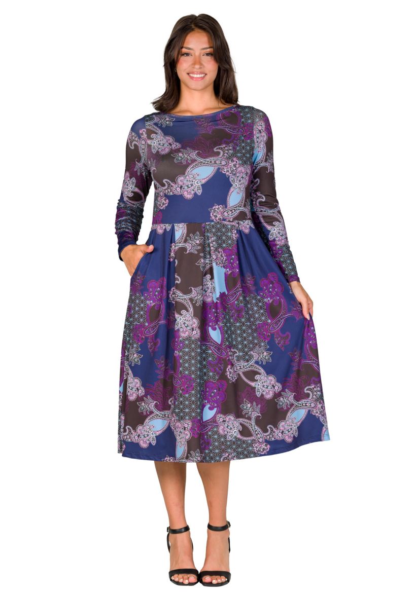 Womens Purple Paisley Midi Length Long Sleeve Pocket Dress
