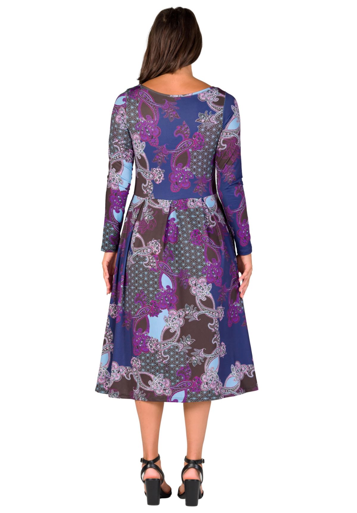 Womens Purple Paisley Midi Length Long Sleeve Pocket Dress