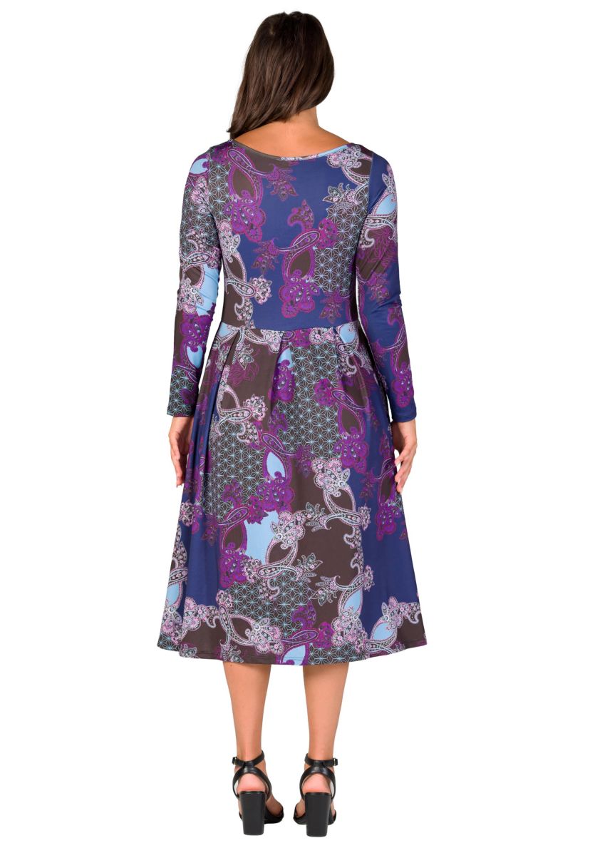 Womens Purple Paisley Midi Length Long Sleeve Pocket Dress
