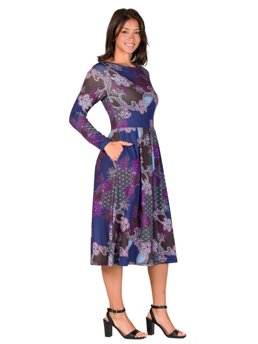 Womens Purple Paisley Midi Length Long Sleeve Pocket Dress