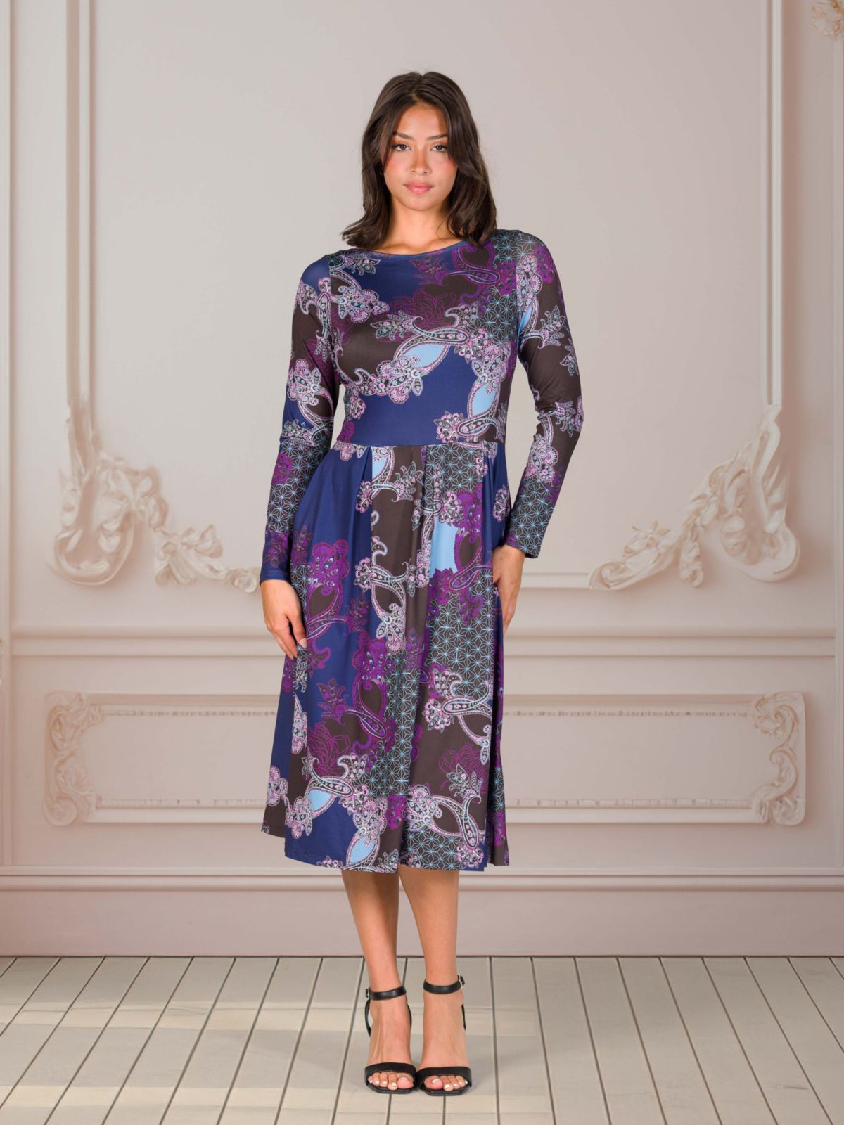 Womens Purple Paisley Midi Length Long Sleeve Pocket Dress