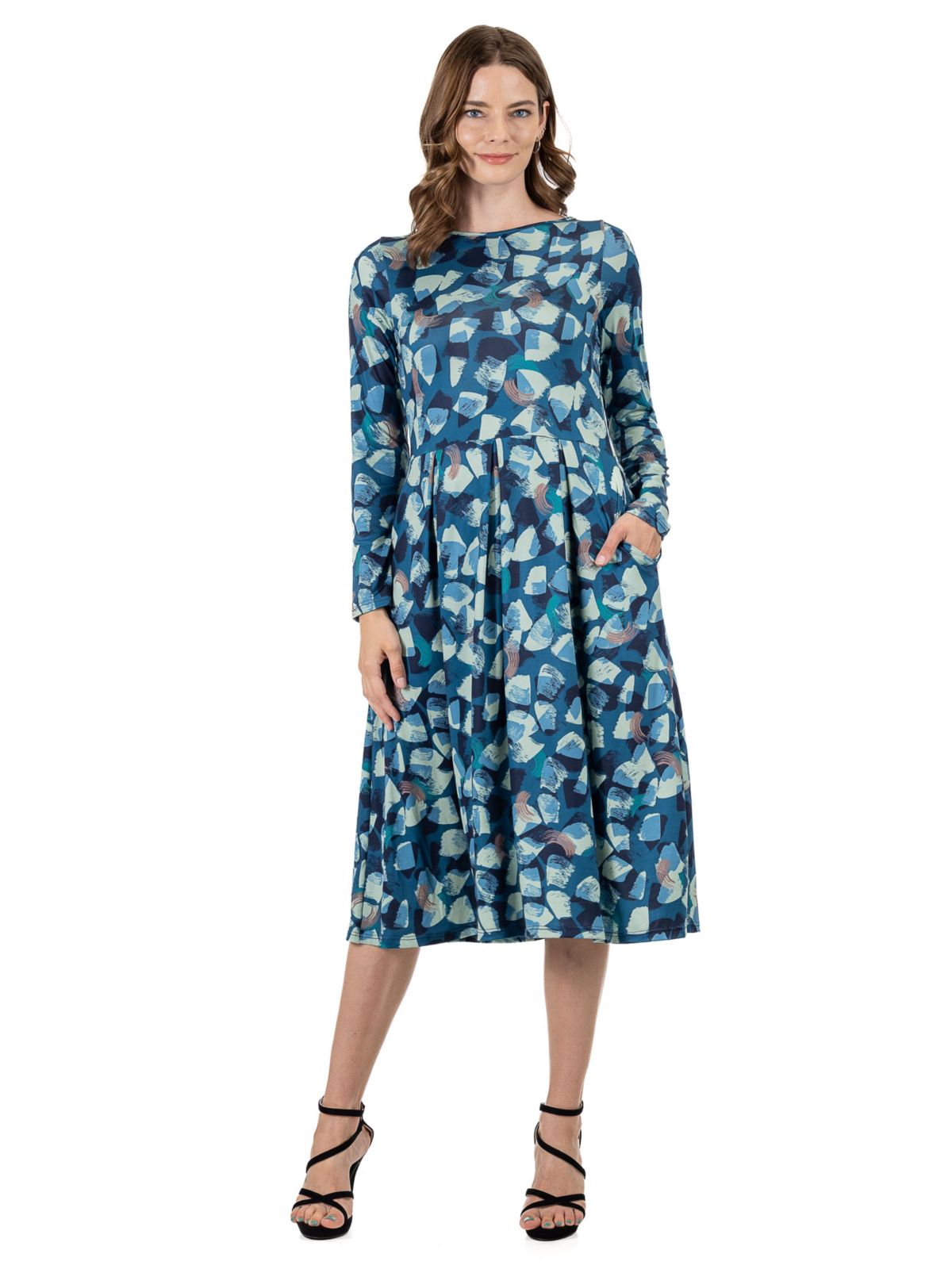 Brushstroke Print Long Sleeve Pleated Midi Dress with Pockets