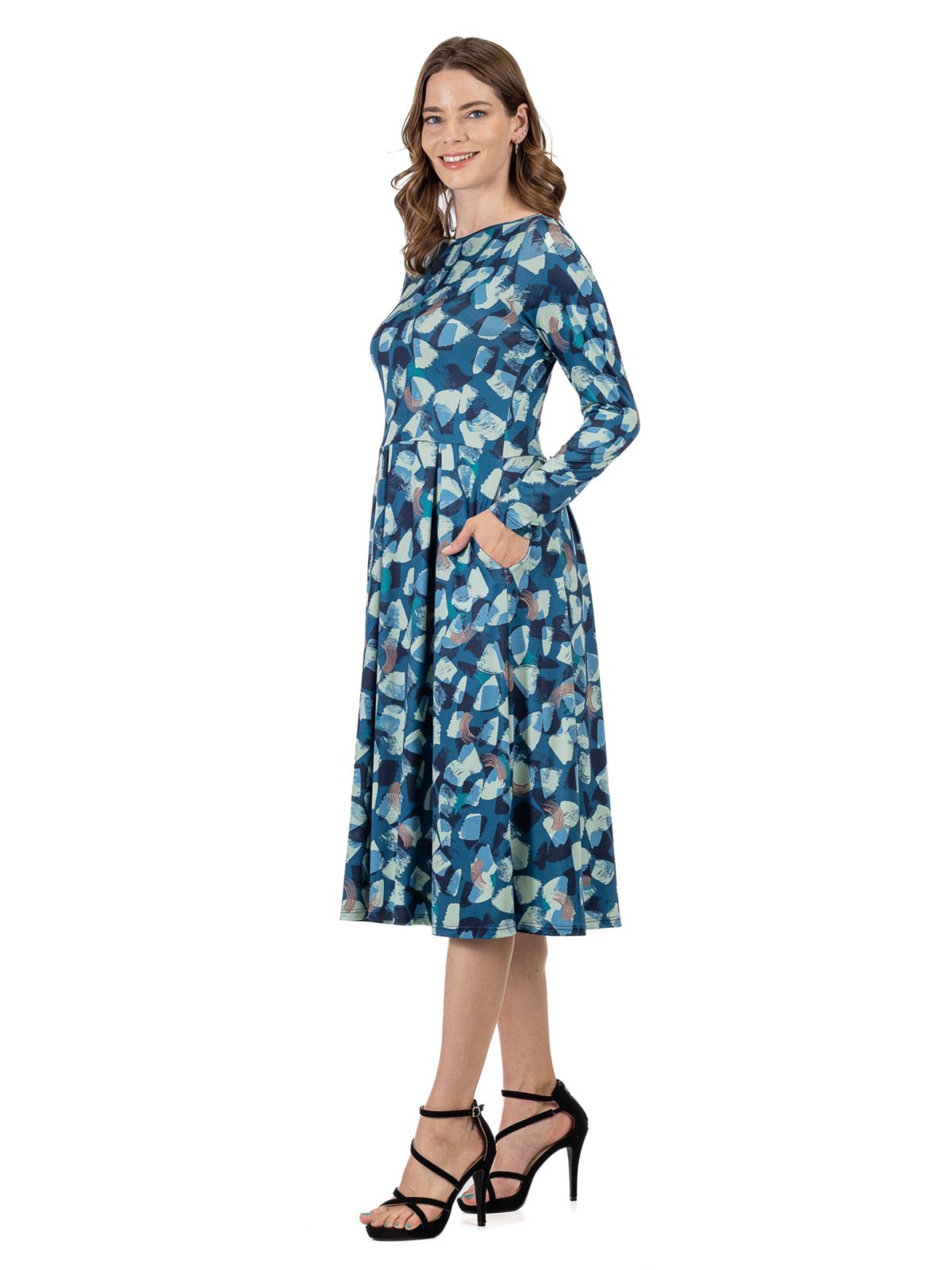 Brushstroke Print Long Sleeve Pleated Midi Dress with Pockets