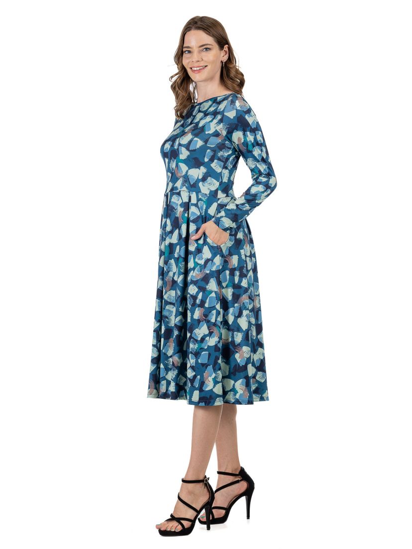 Brushstroke Print Long Sleeve Pleated Midi Dress with Pockets