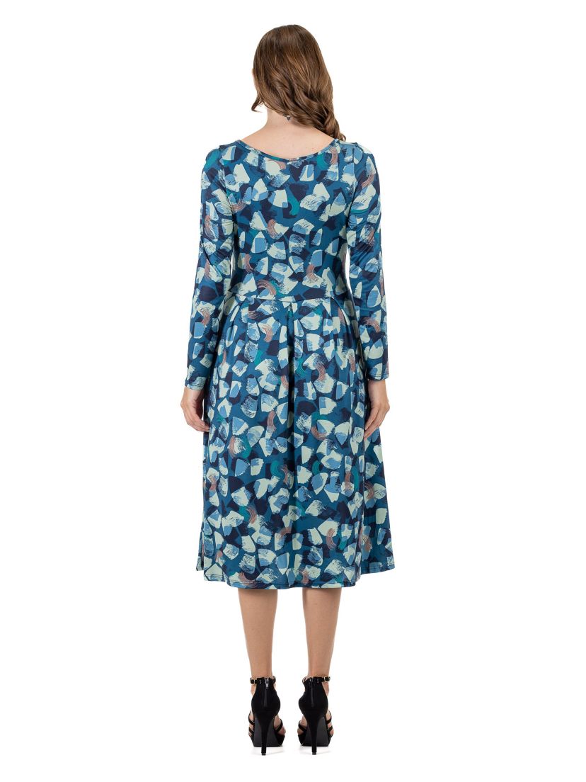 Brushstroke Print Long Sleeve Pleated Midi Dress with Pockets