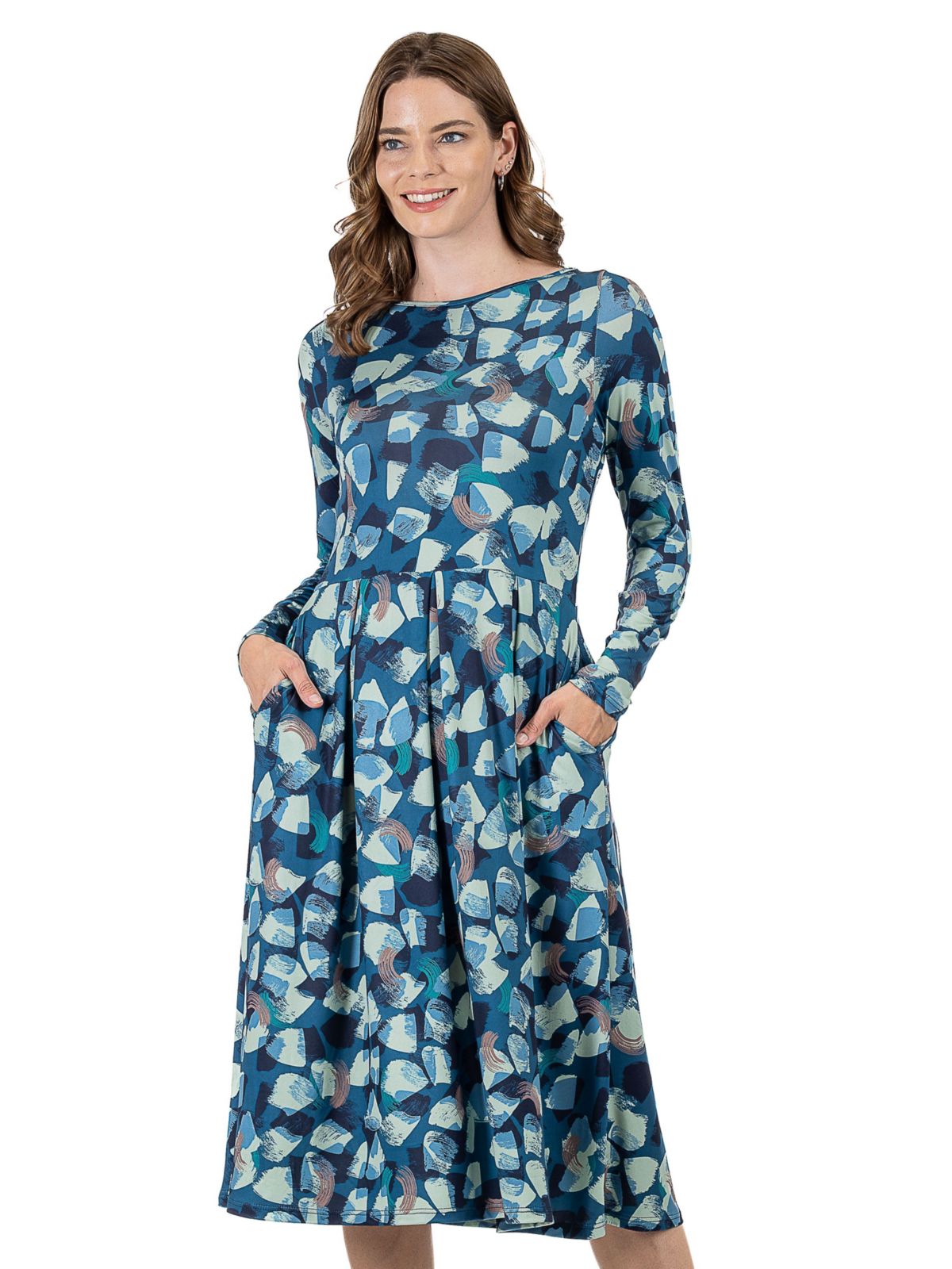 Brushstroke Print Long Sleeve Pleated Midi Dress with Pockets