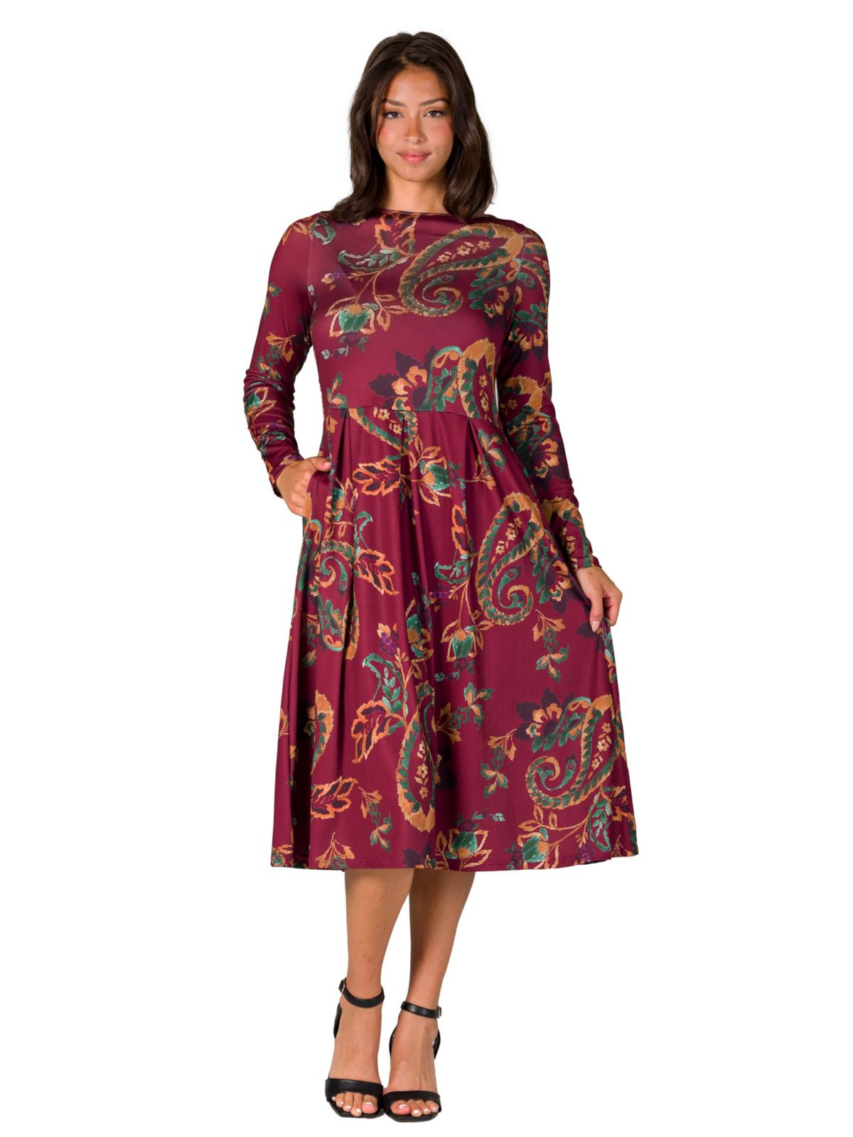 Womens Wine Paisley Midi Length Long Sleeve Pocket Dress